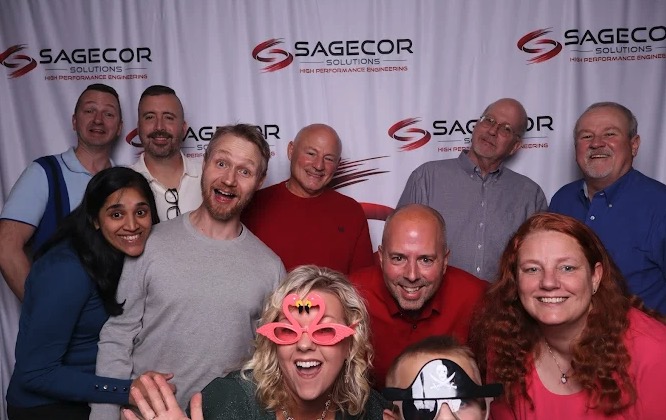 Corporate team photo at branded photo booth