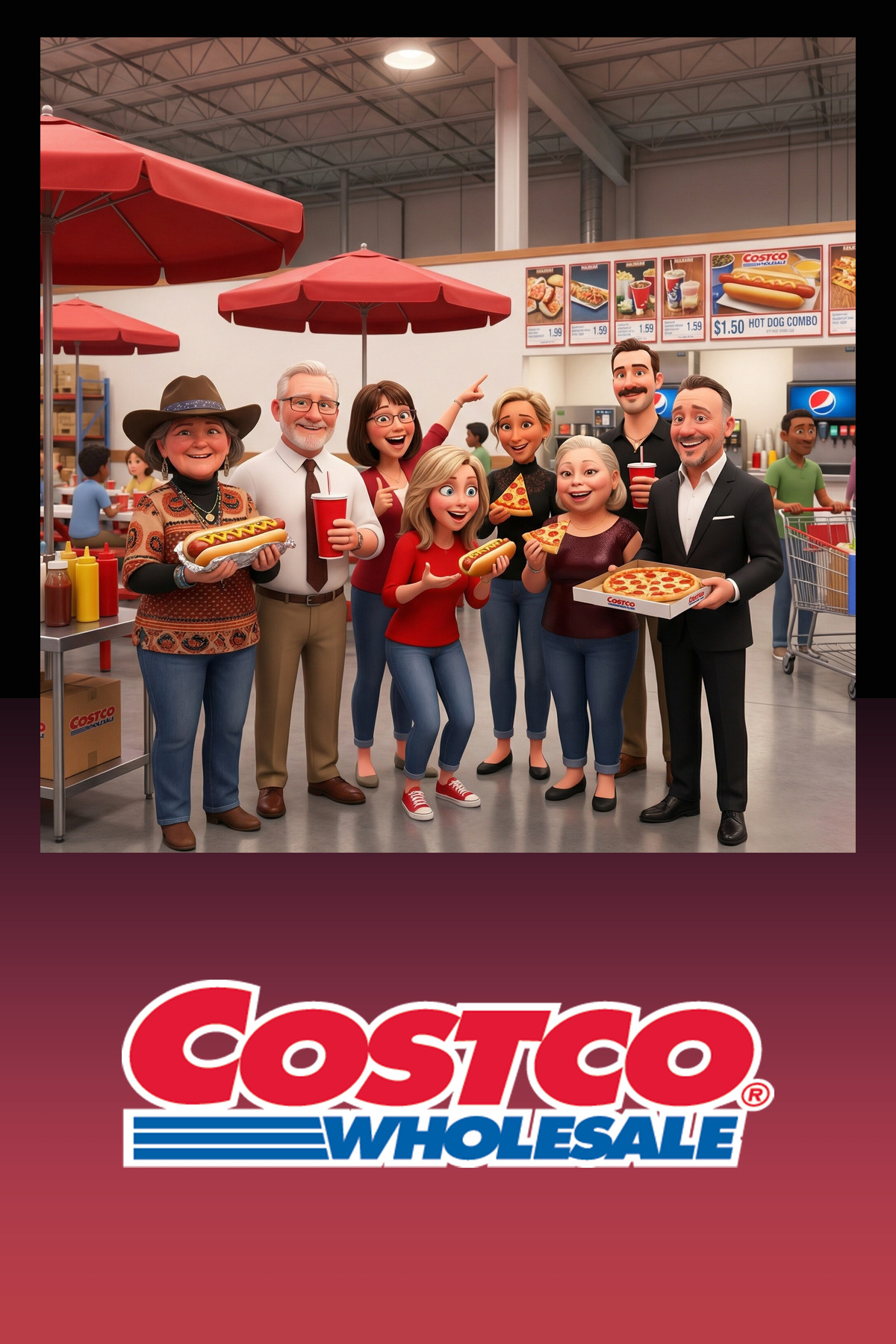Costco themed AI Pixar-style group portrait